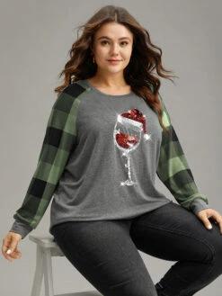 Christmas Sequin Plaid Patchwork T-shirt 22 Christmas Sequin Plaid Patchwork T-shirt -Bloomchic Shop 757706787 kg
