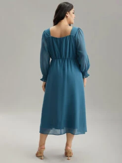 Chiffon Square Neck Shirred Lantern Sleeve Split Hem Dress -Bloomchic Shop 75917841 vl