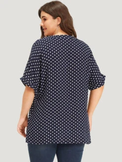 Polka Dot Zipper Notched Dolman Sleeve Blouse -Bloomchic Shop 760124986 qy