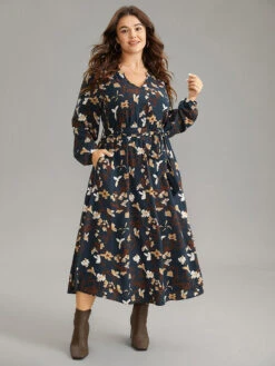 Floral Print Notched Belted Lantern Sleeve Dress
