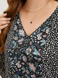 Plants Print Patchwork V Neck Bell Sleeve Blouse -Bloomchic Shop 763565284 ic d4416f14 6cb1 46a8 9d4f 43013b951e67