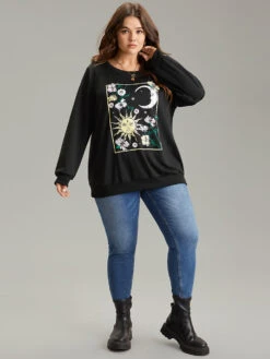 Horoscope Print Rib Knit Round Neck Sweatshirt -Bloomchic Shop 764051610 dg