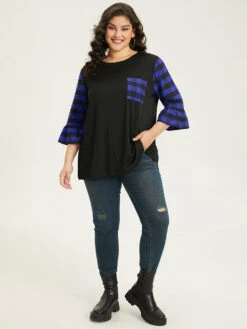 Plaid Patched Pocket Patchwork Contrast Bell Sleeve T-shirt 31 Plaid Patched Pocket Patchwork Contrast Bell Sleeve T-shirt -Bloomchic Shop 764912441 cz