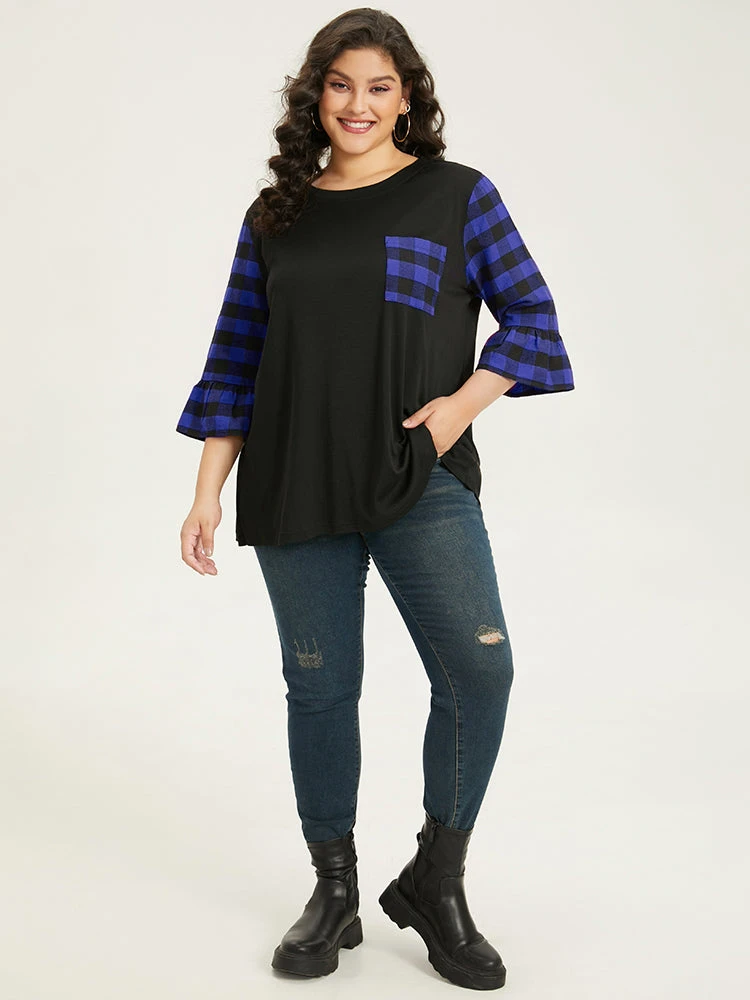 Plaid Patched Pocket Patchwork Contrast Bell Sleeve T-shirt 17 Plaid Patched Pocket Patchwork Contrast Bell Sleeve T-shirt - Image 15
