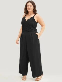 Lace Patchwork Scalloped Trim Plicated Detail Pocket Cami Jumpsuit -Bloomchic Shop 765129061 mw