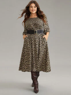 Leopard Elastic Waist Belted Round Neck Dress -Bloomchic Shop 765304222 kx