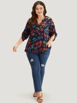 Floral Print Notched Tab Sleeve Blouse -Bloomchic Shop 765775221 rr