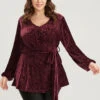 Glitter Textured Lantern Sleeve Belted Ruffle Blouse -Bloomchic Shop 765805816 oi