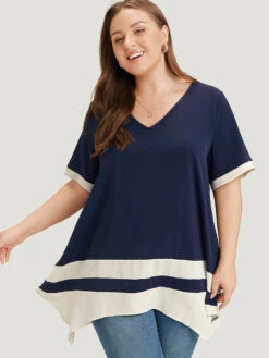 Anti-Wrinkle Two Tone Hanky Hem Blouse