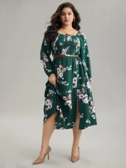 Floral Print Split Hem Pocket Shirred Dress -Bloomchic Shop 769326922 er