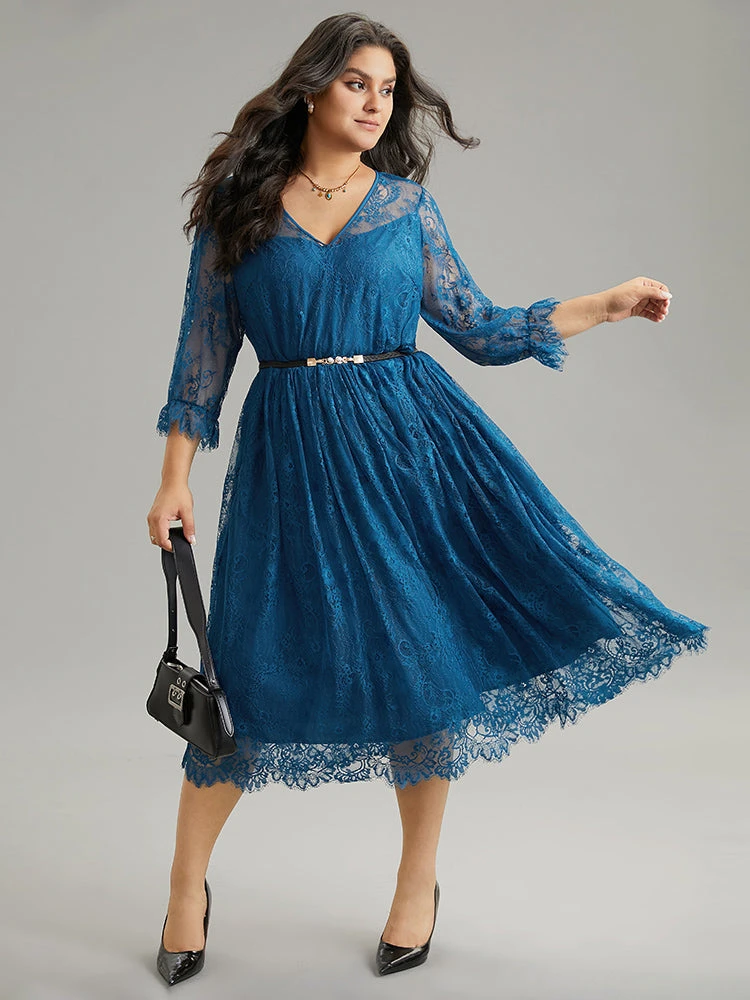 Plain Crochet Lace Mesh Elastic Waist Dress 3 Plain Crochet Lace Mesh Elastic Waist Dress