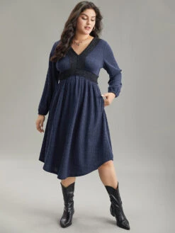 Rib Knit Lace Panel Contrast Pocket Dress -Bloomchic Shop 770187055 js