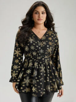 Glitter Snowflake Elastic Waist Ruched Wrap Blouse -Bloomchic Shop 771231973 qj