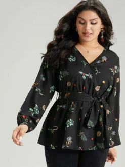 Christmas Elastic Waist Belted Wrap Blouse