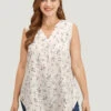 Ditsy Floral Pleated Notched Arc Hem Tank Top