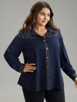 Shirt Collar Patchwork Textured Buckle Up Blouse -Bloomchic Shop 773558009 uw