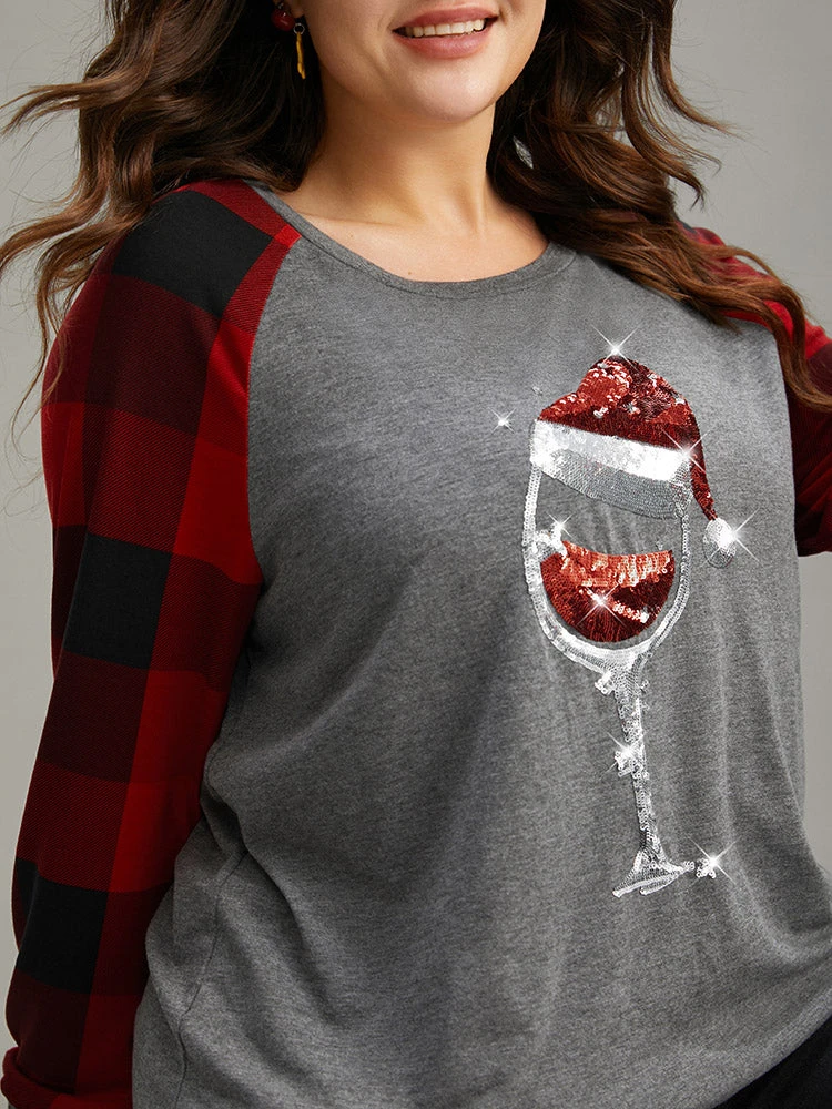 Christmas Sequin Plaid Patchwork T-shirt 8 Christmas Sequin Plaid Patchwork T-shirt - Image 6