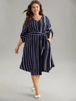 Striped Patchwork Polka Dot Belted Notched Dress -Bloomchic Shop 775549134 yf