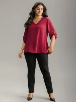 Plain V Neck Tab Sleeve Scalloped Trim Blouse -Bloomchic Shop 775608592 vj