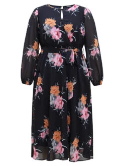 Chiffon Floral Print Keyhole Belted Pocket Dress -Bloomchic Shop 775849371 ft
