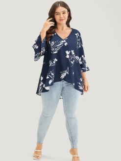 Floral Asymmetrical Hem Ruffle Trim Flounce Sleeve Blouse -Bloomchic Shop 776483925 ao ddb041b9 ae54 4c94 9074 6ac5fc3a98f4
