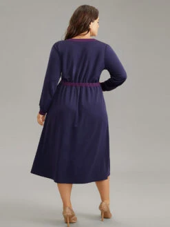 Contrast Notched Gathered Elastic Waist Dress -Bloomchic Shop 7765059 la