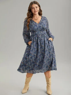 Boho Print Pocket Shirred Gathered Dress