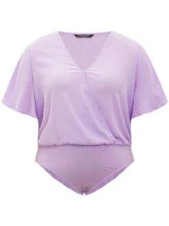 Solid Ruffle Sleeve V Neck Ruched Bodysuit -Bloomchic Shop 777002650 zj