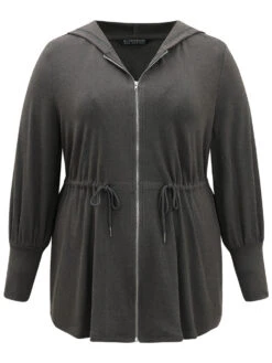 Solid Drawstring Hooded Pocket Zipper Sweatshirt -Bloomchic Shop 77720676 qk