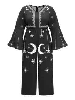 Halloween Moon & Star Elastic Waist Bell Sleeve Jumpsuit -Bloomchic Shop 778987704 he