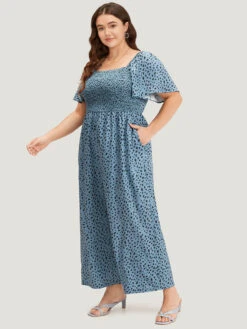 Leopard Print Square Neck Shirred Flutter Sleeve Jumpsuit 11 Leopard Print Square Neck Shirred Flutter Sleeve Jumpsuit -Bloomchic Shop 779272356 nf