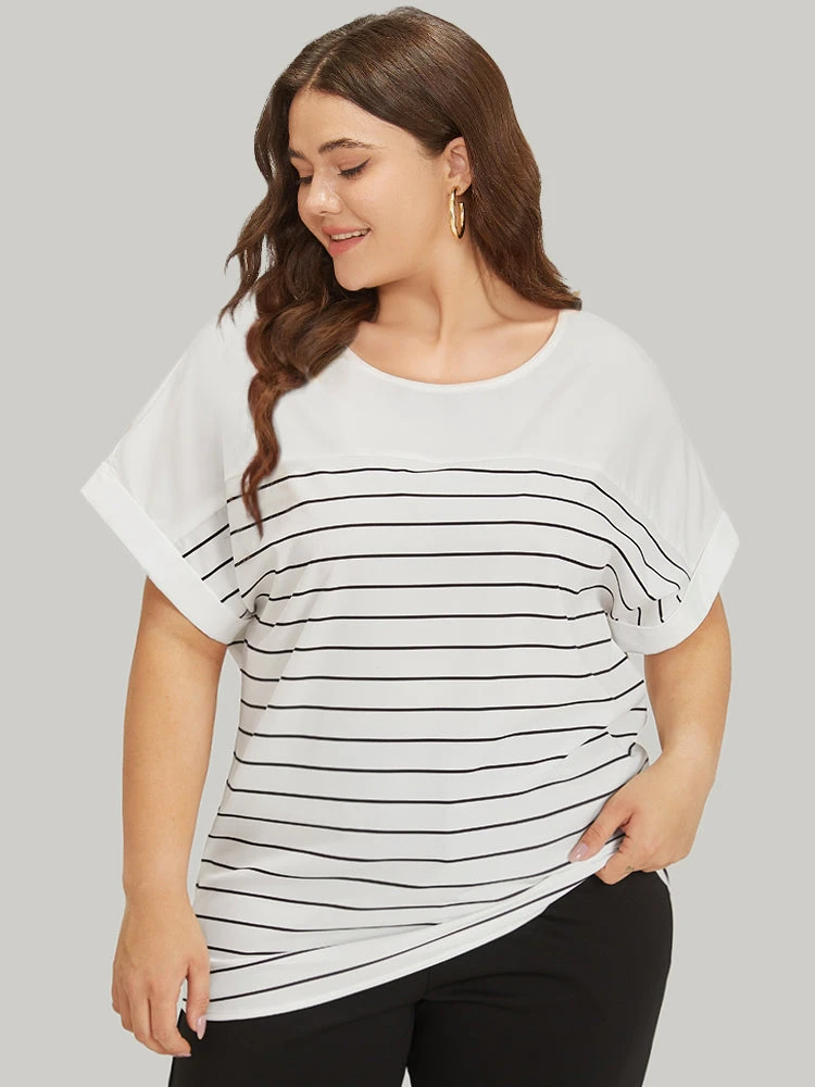 Striped Patchwork Roll Batwing Sleeve Blouse 3 Striped Patchwork Roll Batwing Sleeve Blouse