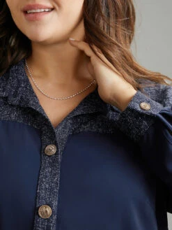 Shirt Collar Patchwork Textured Buckle Up Blouse -Bloomchic Shop 780097762 mc