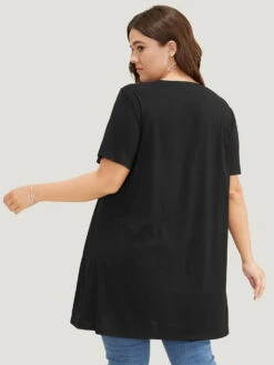 Moon & Letter Print Split Hem T-shirt -Bloomchic Shop 781070530 xg