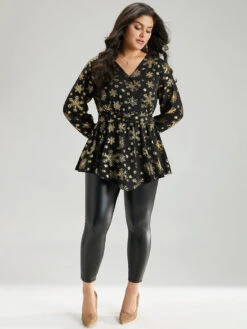 Glitter Snowflake Elastic Waist Ruched Wrap Blouse -Bloomchic Shop 782537666 lu