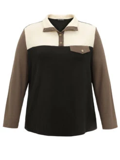 Contrast Patchwork Button Up Flap Detail Sweatshirt -Bloomchic Shop 783253800 pm