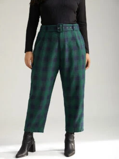 Plaid Pocket Eyelet Belted Pants