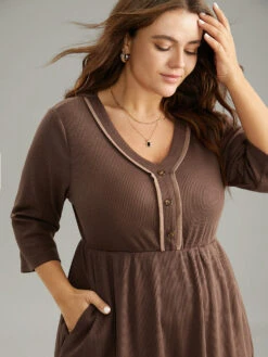 Waffle Knit Contrast V Neck Button Detail Dress -Bloomchic Shop 78518906 sd