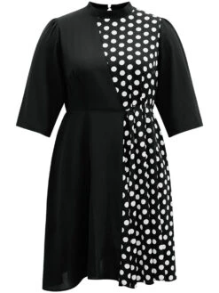 Polka Dot Patchwork Mock Neck Elastic Waist Dress -Bloomchic Shop 785709487 by