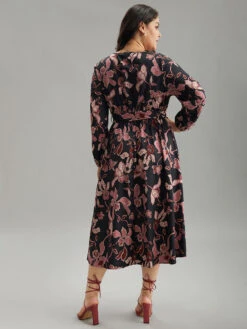 Floral Lantern Sleeve Belted Overlap Collar Dress -Bloomchic Shop 785927789 ry