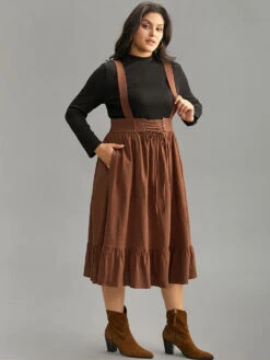 Plain Adjustable Straps Lace Up Ruffle Hem Dress -Bloomchic Shop 786154595 qa