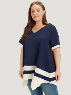 Anti-Wrinkle Two Tone Hanky Hem Blouse -Bloomchic Shop 787922483 an