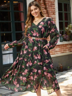 Floral Print Chiffon Split Side Elastic Waist Dress -Bloomchic Shop 788433144 pl