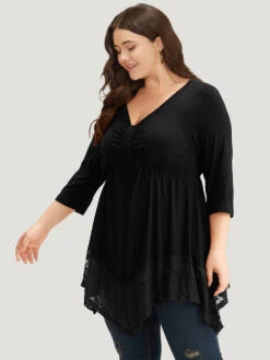 Plain Ruched Lace Patchwork Hanky Hem T-shirt -Bloomchic Shop 788636135 zc