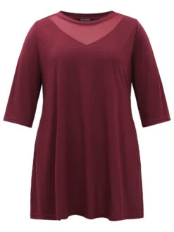 Solid Tunic Crochet Mesh Crew Neck T-shirt -Bloomchic Shop 789950389 rd