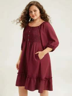 Shirred Pocket Button Detail Frill Trim Dress -Bloomchic Shop 791604524 oi e878ed05 a049 4d01 95a7 23d8a2cc0737