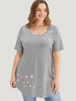 Star Print Split Arc Hem T-shirt 23 Star Print Split Arc Hem T-shirt -Bloomchic Shop 792091113 ui