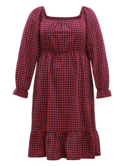 Gingham Square Neck Shirred Gathered Ruffles Dress -Bloomchic Shop 792215873 sg