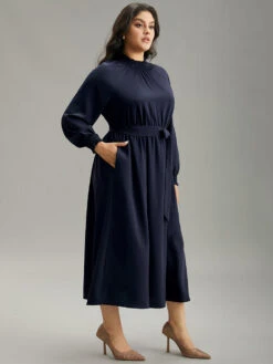 Anti-Wrinkle Plain Shirred Mock Neck Belted Dress -Bloomchic Shop 792468516 bt