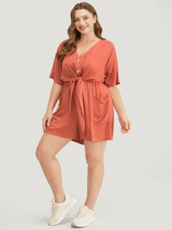 Solid Pocket Button Up Belted Knotted Front Romper -Bloomchic Shop 792643933 iu